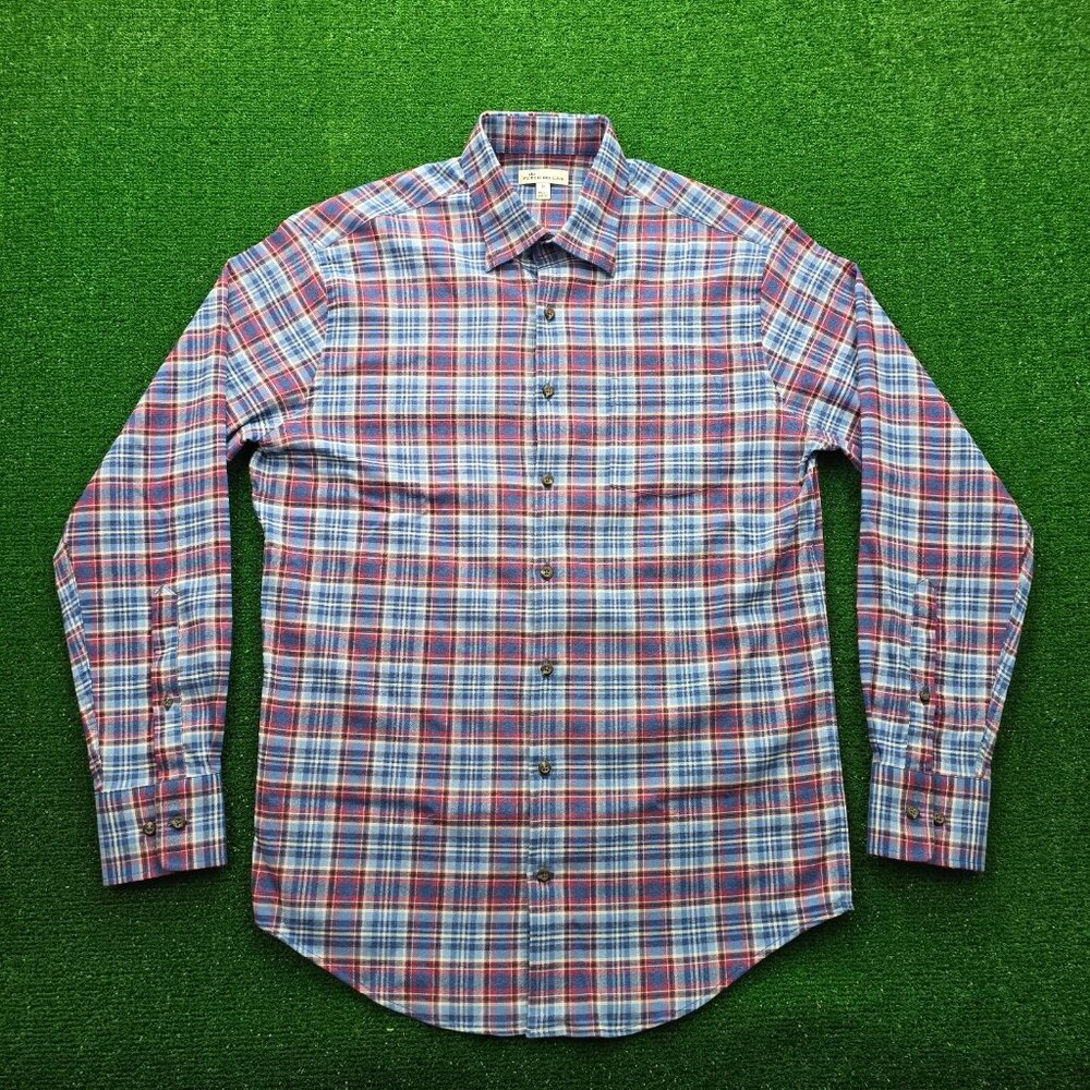 Peter Millar Shirt Mens‎ Medium Blue Red Plaid Flannel Button Up Long Sleeve